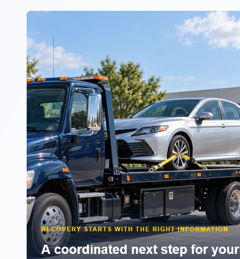 Vehicle recovery coordination with a silver sedan on a flatbed truck