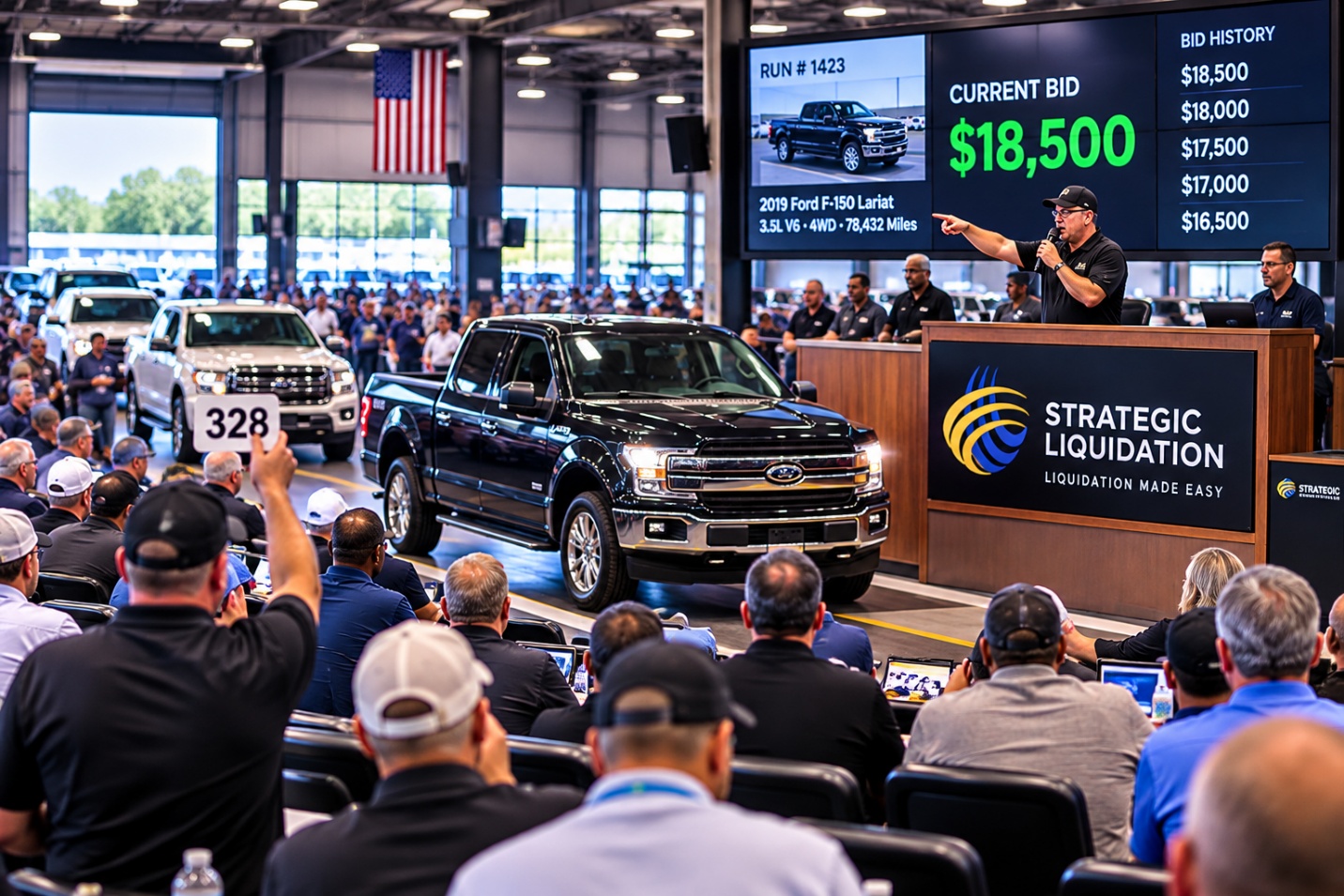 Vehicle auction environment used to illustrate vehicle remarketing and liquidation